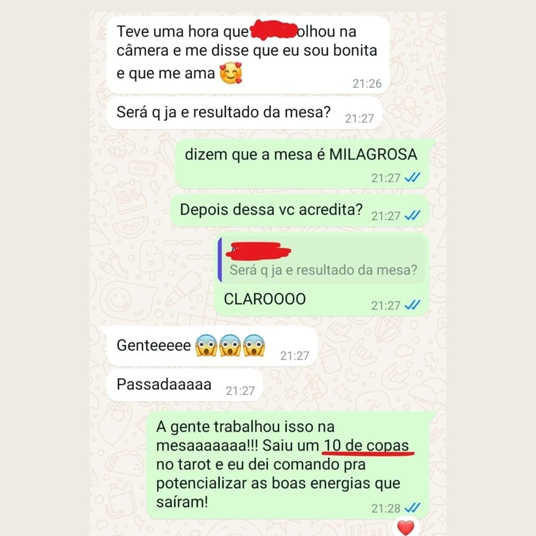 Depoimento sobre a Mesa da Mestra Rowena — print de conversa no WhatsApp