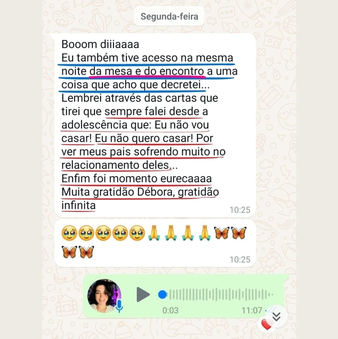 Depoimento sobre a Mesa da Mestra Rowena — print de conversa no WhatsApp