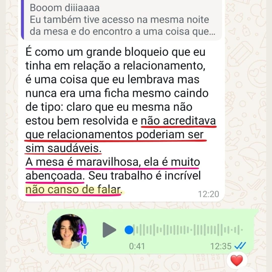 Depoimento sobre a Mesa da Mestra Rowena — print de conversa no WhatsApp