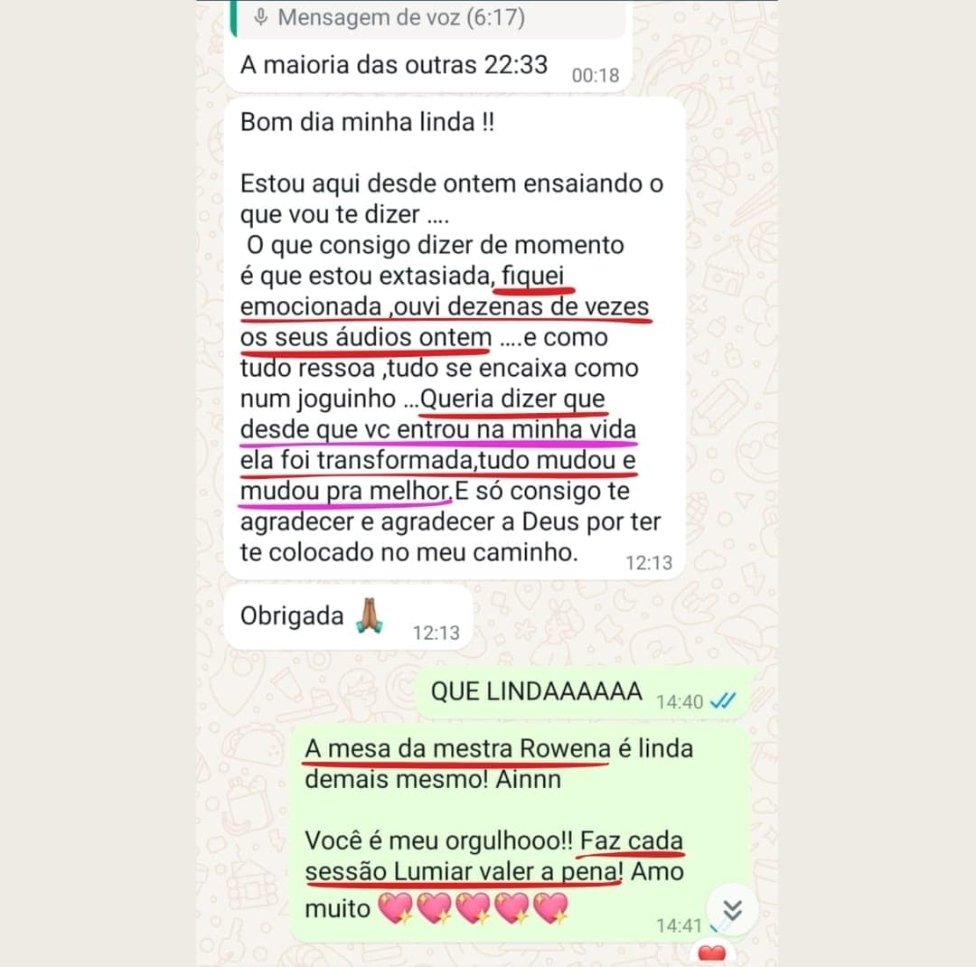 Depoimento sobre a Mesa da Mestra Rowena — print de conversa no WhatsApp