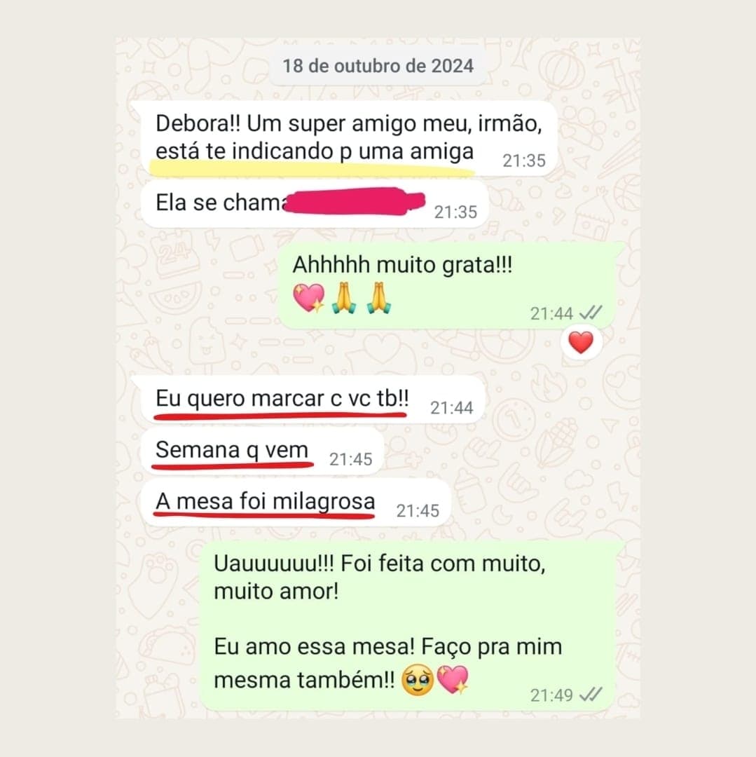 Depoimento sobre a Mesa da Mestra Rowena — print de conversa no WhatsApp