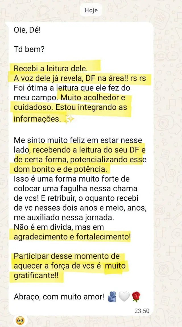 Depoimento sobre uma leitura intuitiva com o gêmeo da Débora, enviado pelo WhatsApp