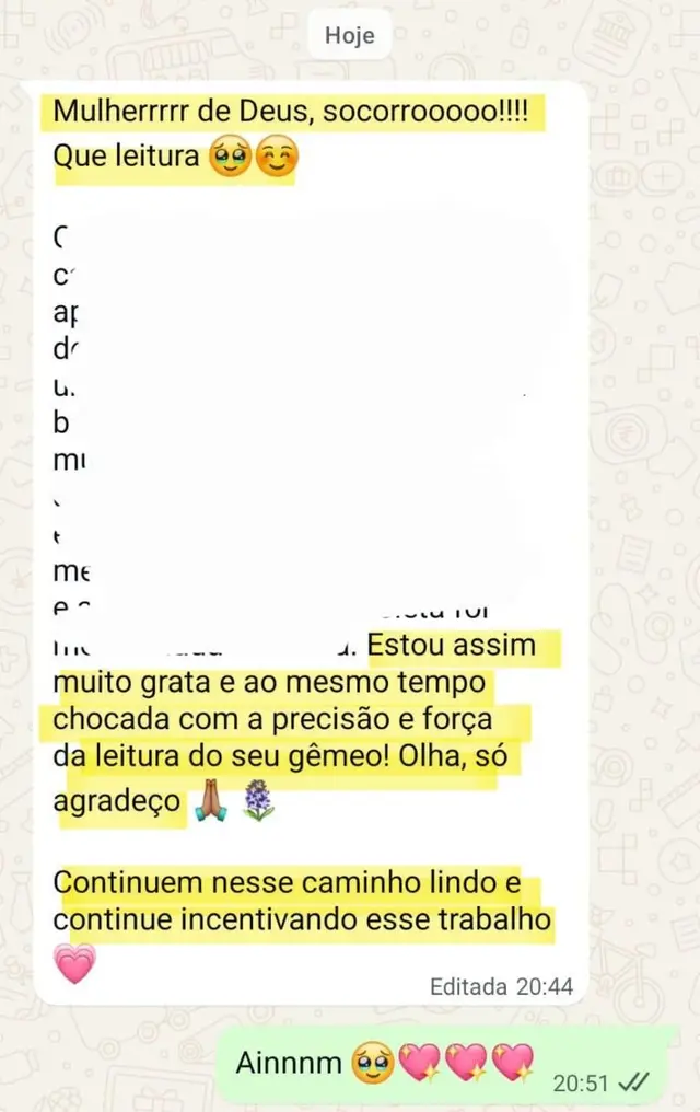 Depoimento sobre uma leitura intuitiva com o gêmeo da Débora, enviado pelo WhatsApp