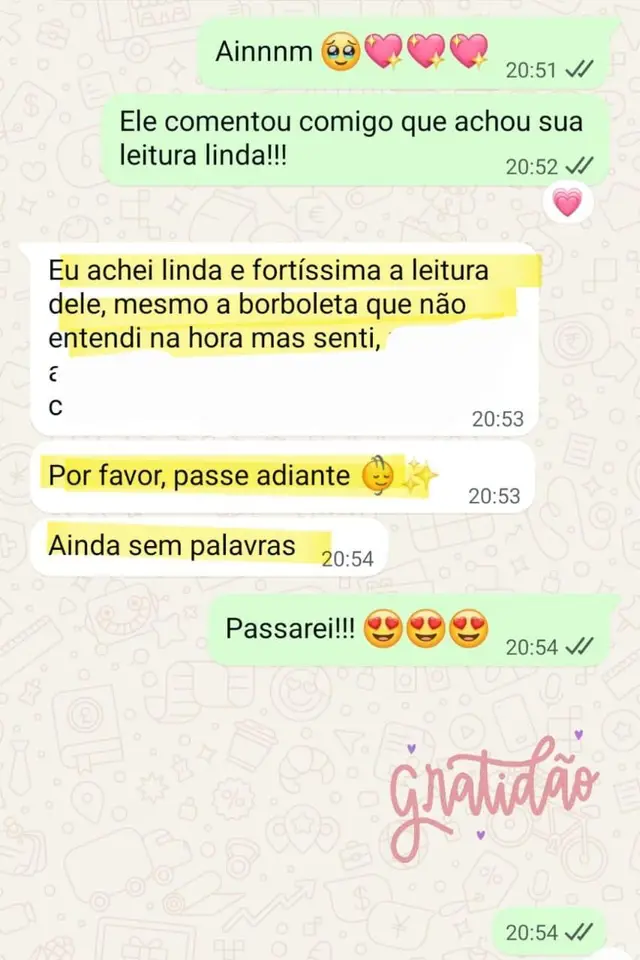 Depoimento sobre uma leitura intuitiva com o gêmeo da Débora, enviado pelo WhatsApp