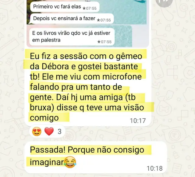 Depoimento sobre uma leitura intuitiva com o gêmeo da Débora, enviado pelo WhatsApp