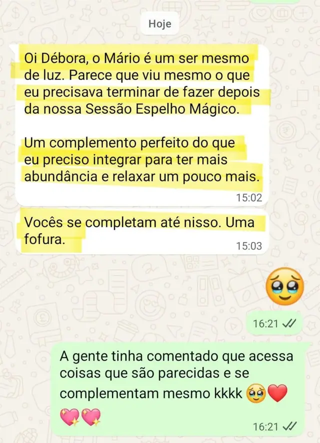 Depoimento sobre uma leitura intuitiva com o gêmeo da Débora, enviado pelo WhatsApp