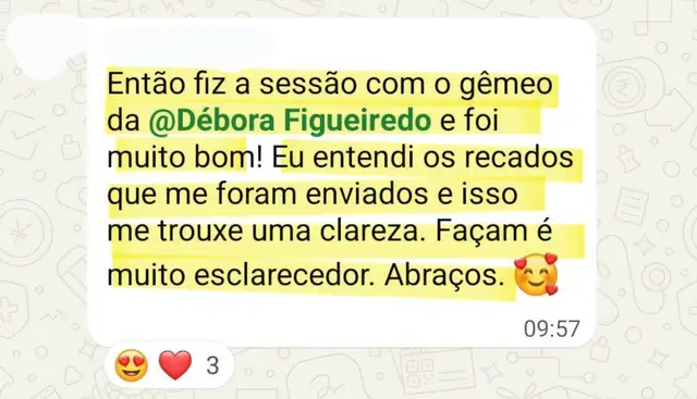 Depoimento sobre uma leitura intuitiva com o gêmeo da Débora, enviado pelo WhatsApp