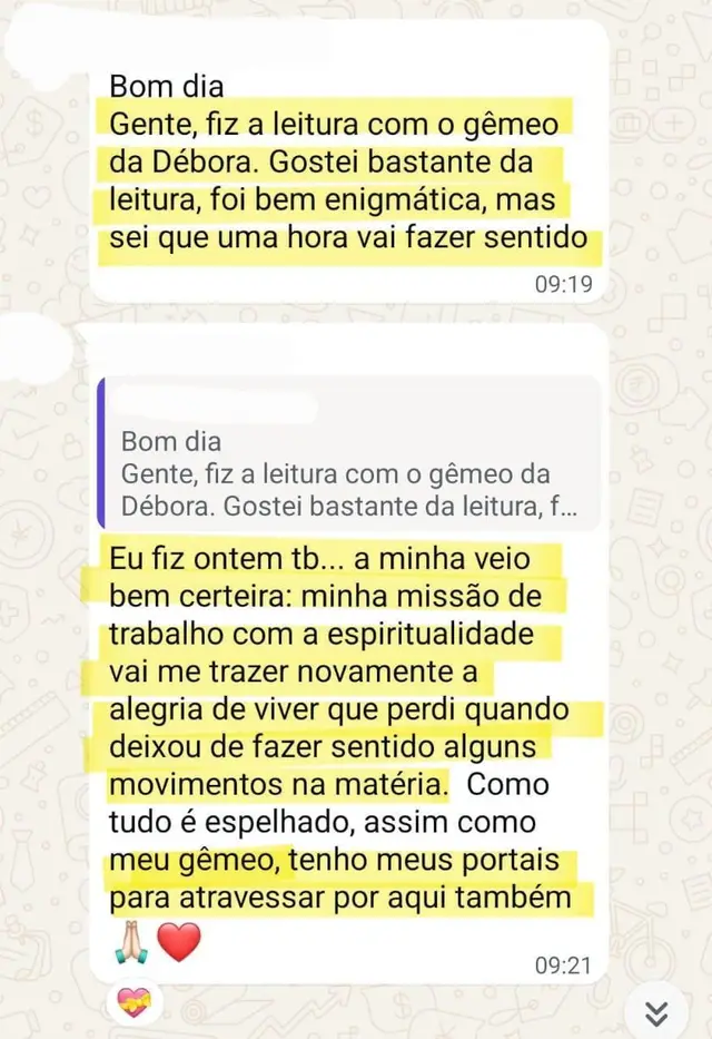 Depoimento sobre uma leitura intuitiva com o gêmeo da Débora, enviado pelo WhatsApp