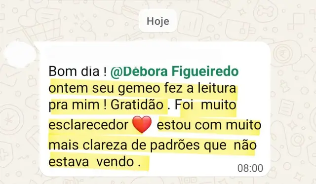 Depoimento sobre uma leitura intuitiva com o gêmeo da Débora, enviado pelo WhatsApp