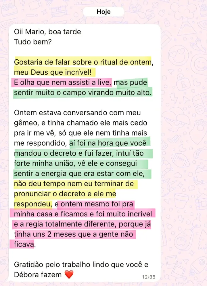 Depoimento sobre o ritual de limpeza, proteção e manifestação conduzido pelo Mário, enviado pelo WhatsApp