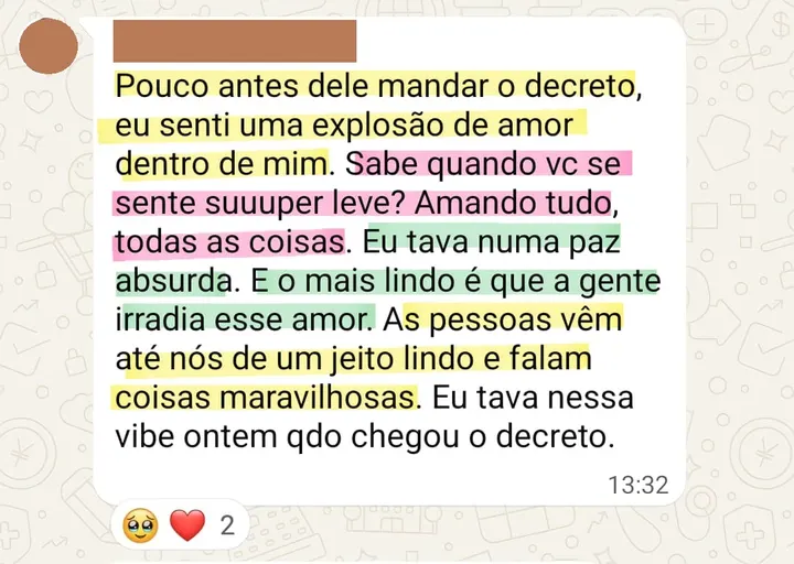 Depoimento sobre o ritual de limpeza, proteção e manifestação conduzido pelo Mário, enviado pelo WhatsApp