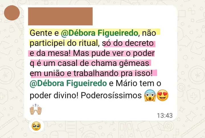 Depoimento sobre o ritual de limpeza, proteção e manifestação conduzido pelo Mário, enviado pelo WhatsApp