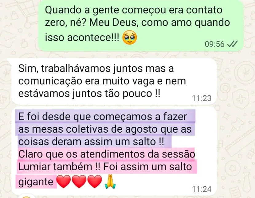 Print da conversa no WhatsApp: Débora: Quando a gente começou era contato zero, né? Meu Deus, como amo quando isso acontece!!! 🥹. Resposta: Sim, trabalhávamos juntos mas a comunicação era muito vaga e nem estávamos juntos tão pouco !! E foi desde que começamos a fazer as mesas coletivas de agosto que as coisas deram assim um salto !! Claro que os atendimentos da sessão Lumiar também !! Foi assim um salto gigante ❤️❤️❤️🙏