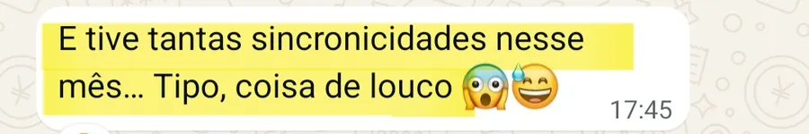 Print da conversa no WhatsApp: E tive tantas sincronicidades nesse mês... Tipo, coisa de louco 😱😅