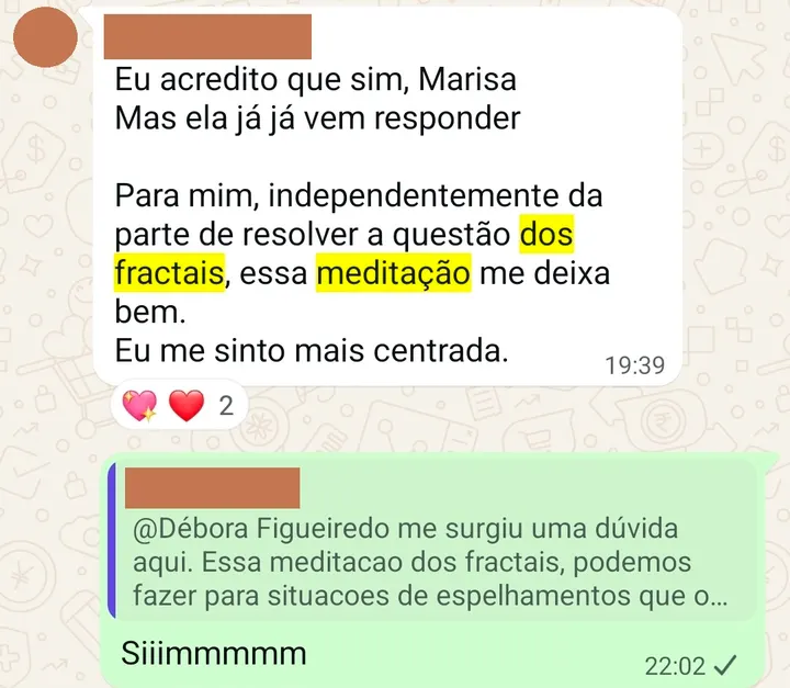 Depoimento de participante das sessões coletivas e da meditação dos fractais, enviado pelo WhatsApp