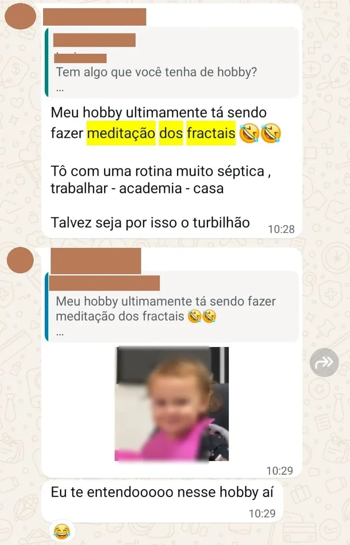 Depoimento de participante das sessões coletivas e da meditação dos fractais, enviado pelo WhatsApp