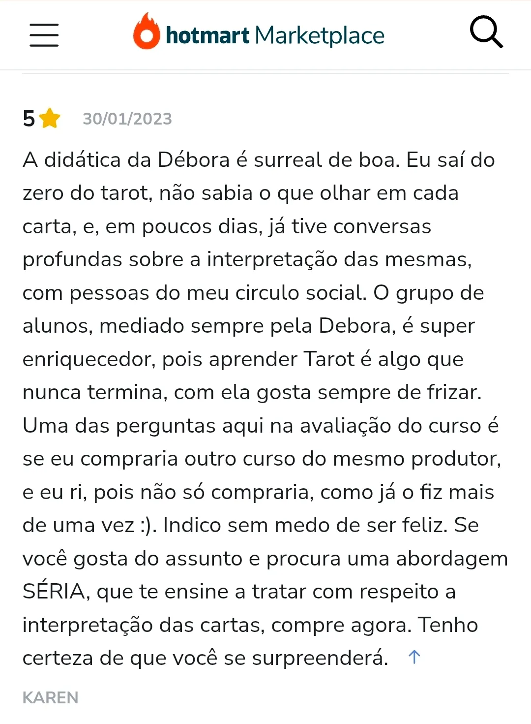 Avaliação de aluno na Hotmart