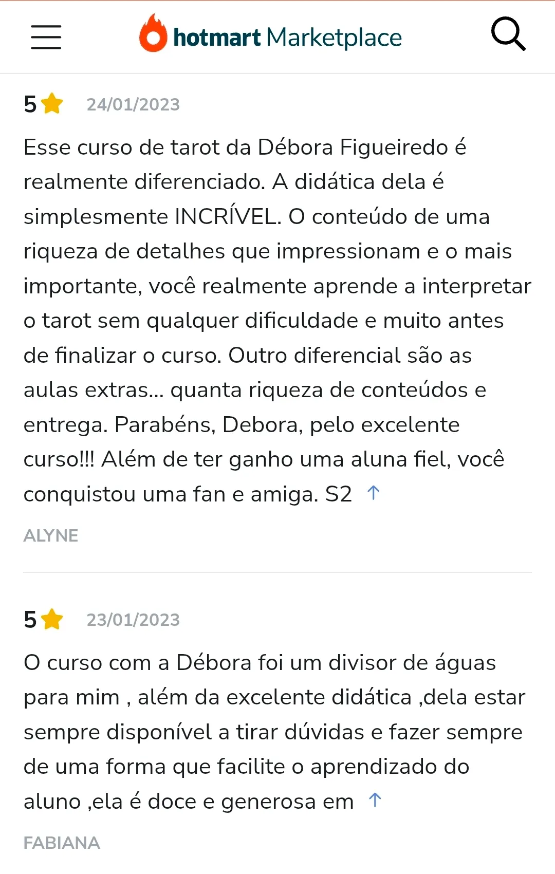 Avaliação de aluno na Hotmart