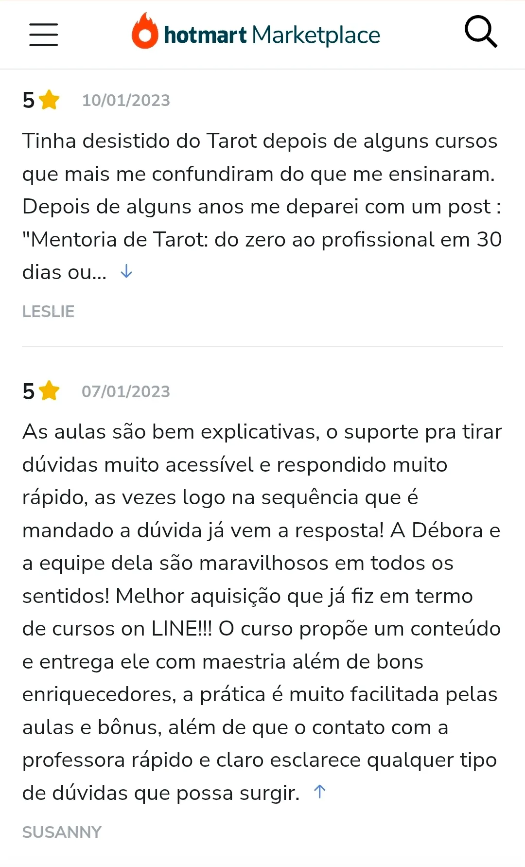 Avaliação de aluno na Hotmart