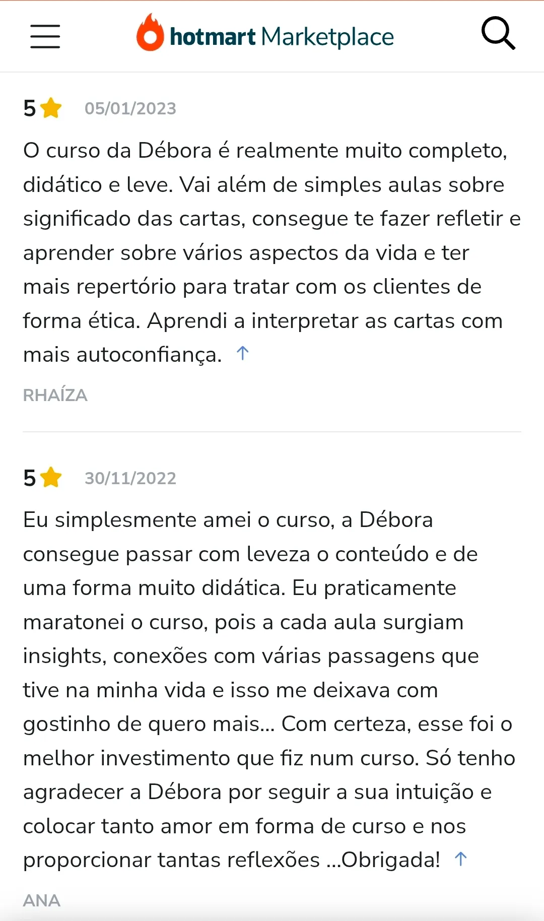 Avaliação de aluno na Hotmart