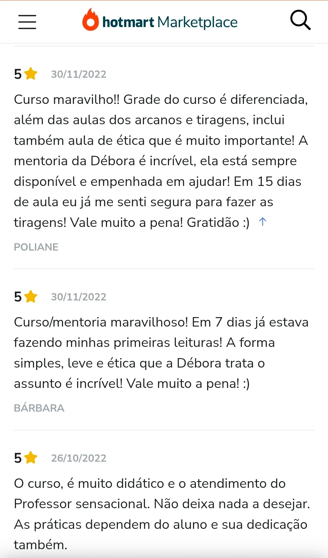 Avaliação de aluno na Hotmart