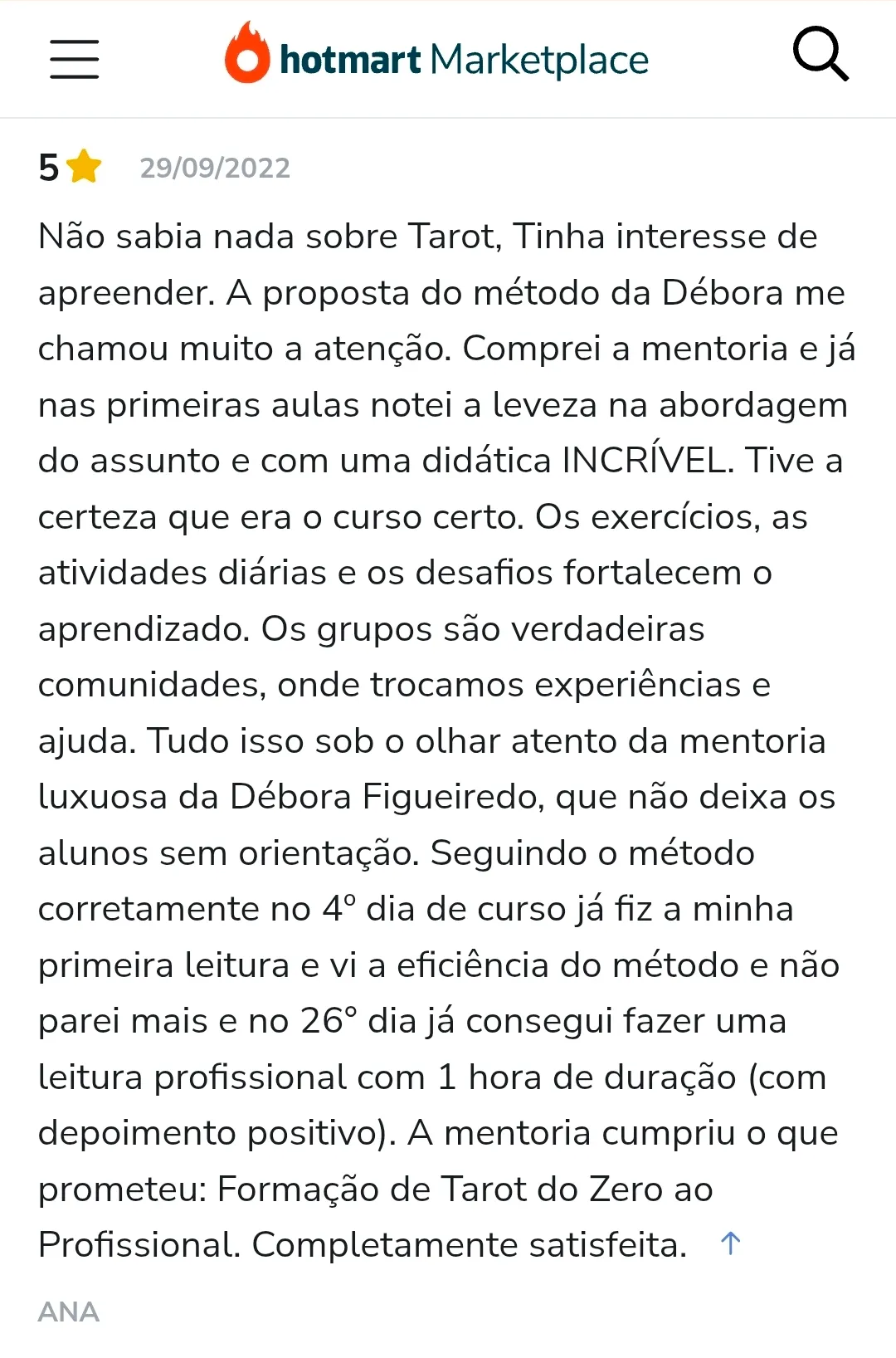 Avaliação de aluno na Hotmart