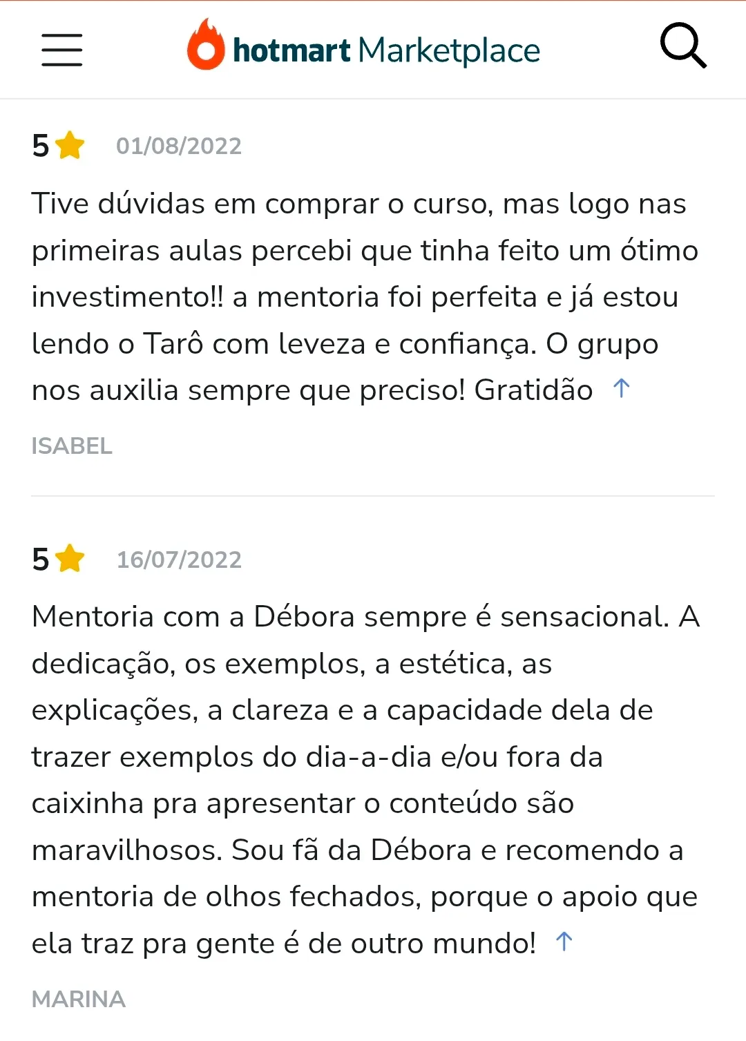Avaliação de aluno na Hotmart