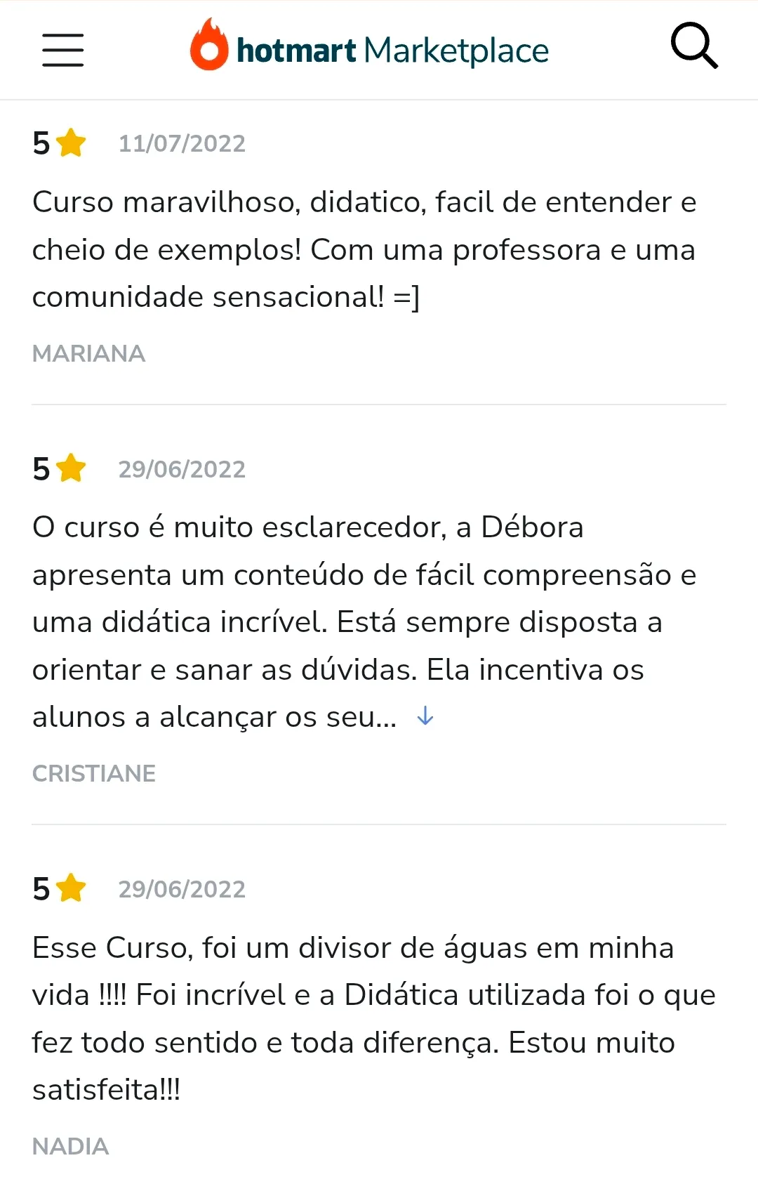 Avaliação de aluno na Hotmart
