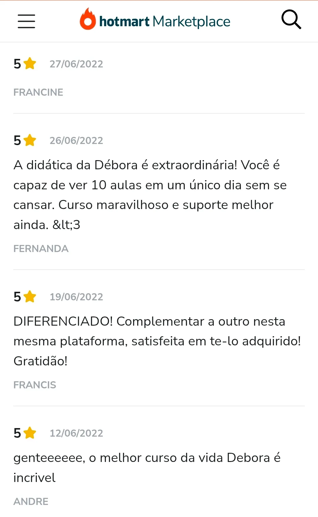 Avaliação de aluno na Hotmart