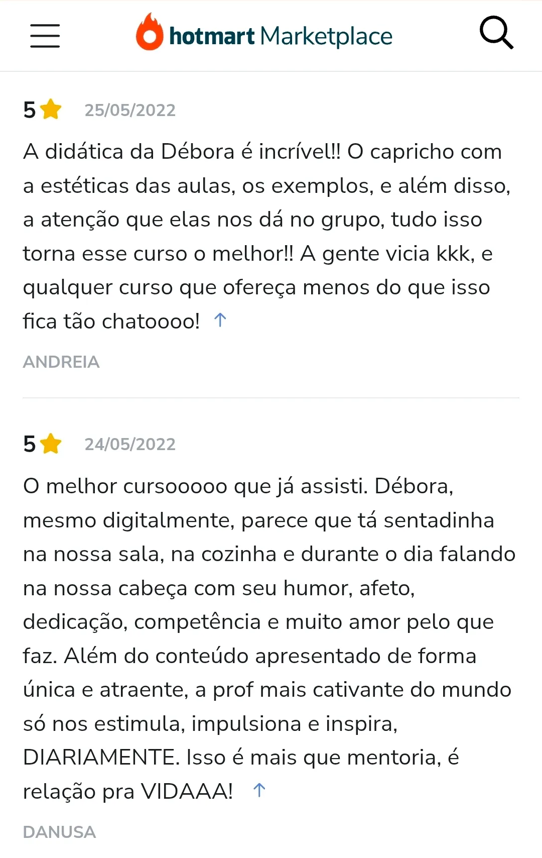 Avaliação de aluno na Hotmart