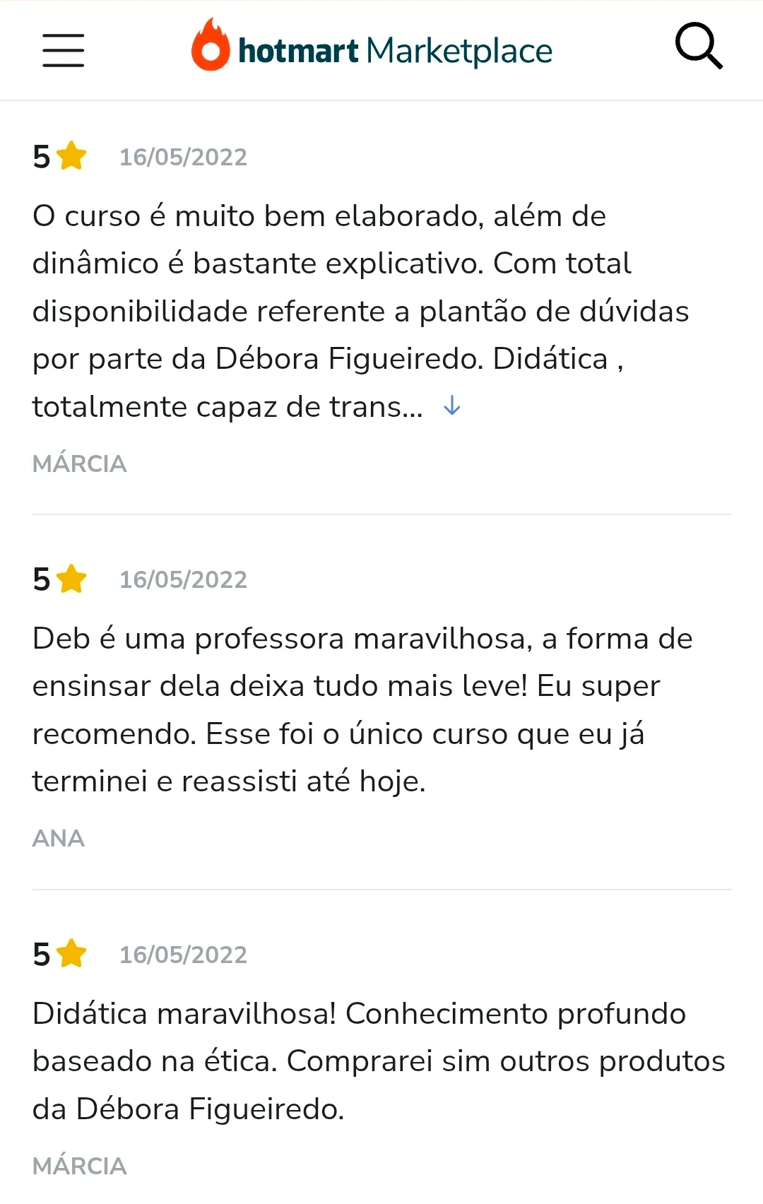 Avaliação de aluno na Hotmart