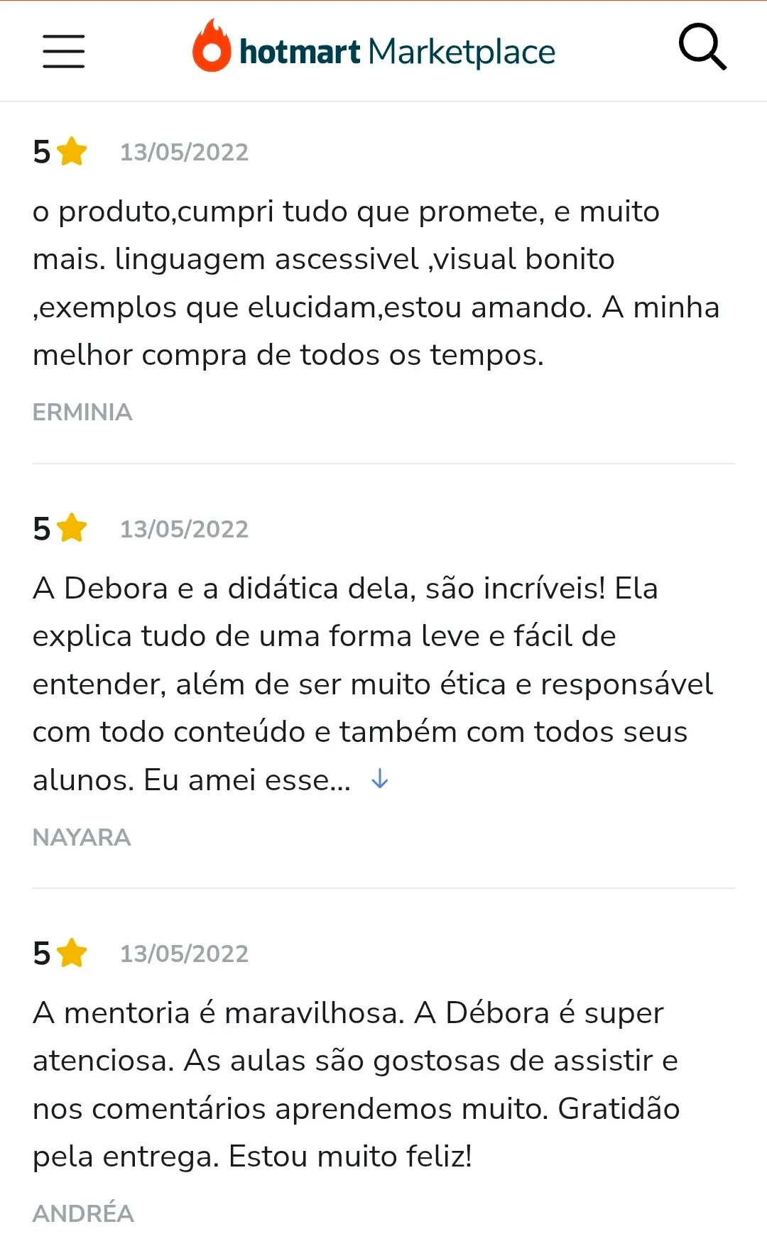 Avaliação de aluno na Hotmart