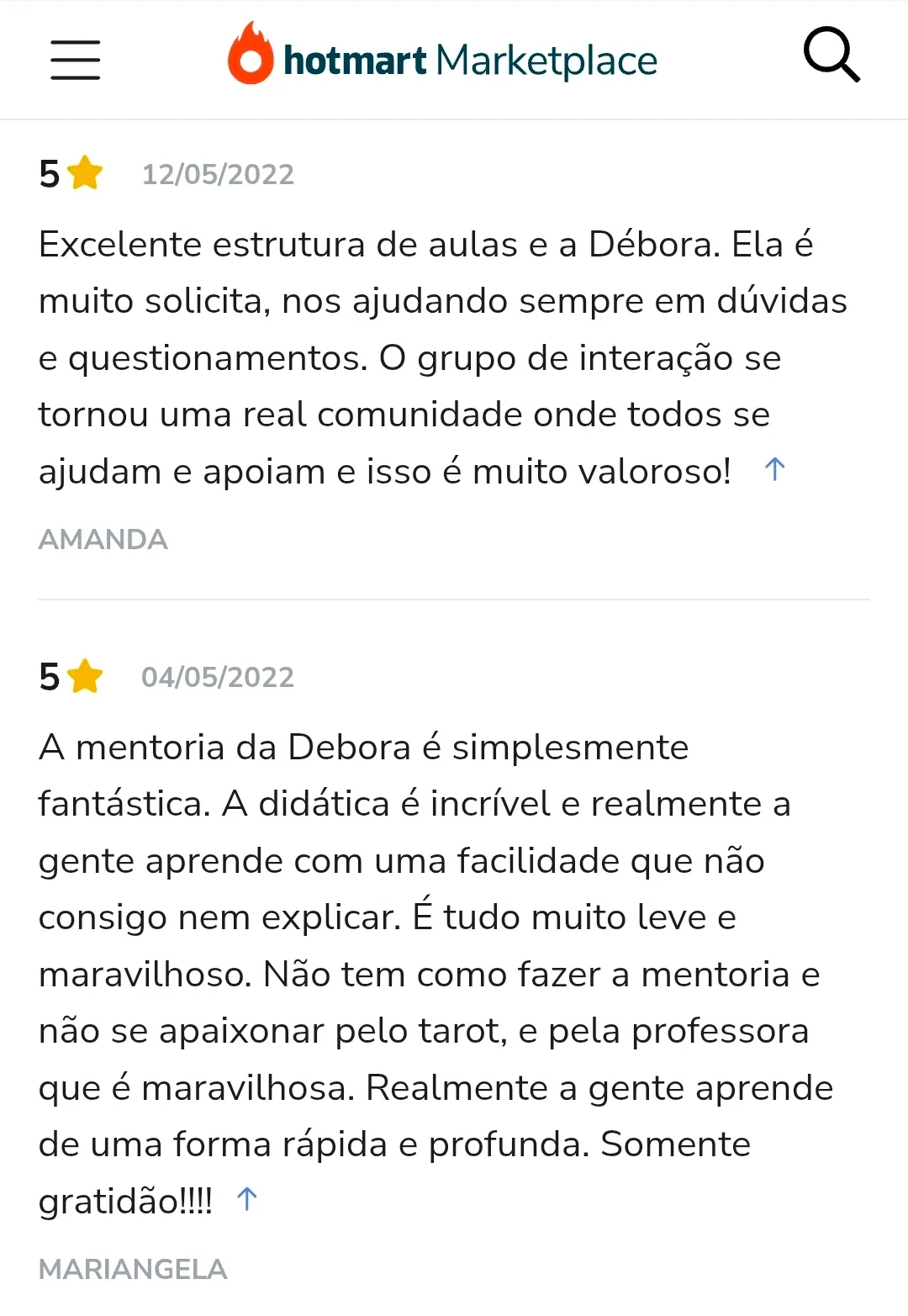 Avaliação de aluno na Hotmart