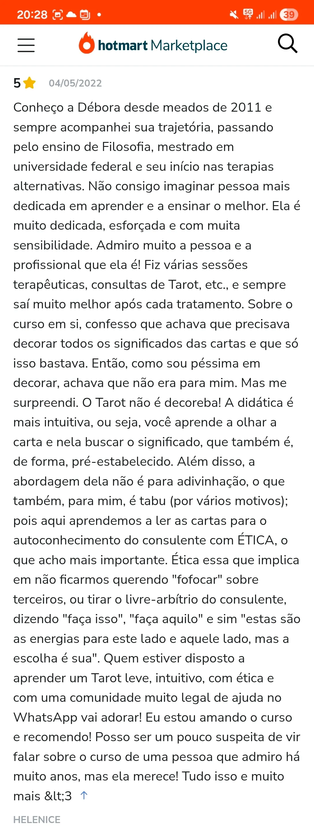 Avaliação de aluno na Hotmart