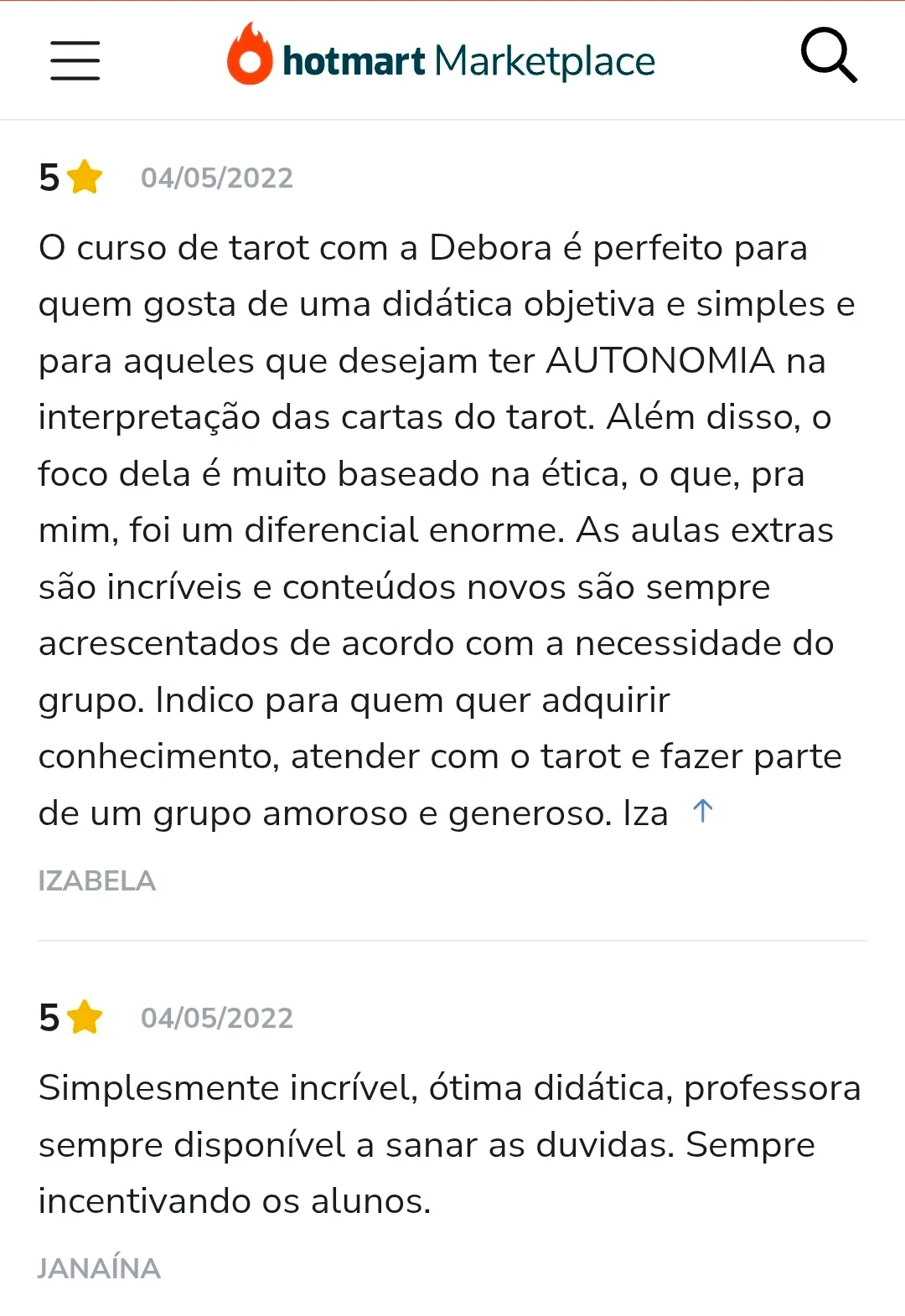 Avaliação de aluno na Hotmart
