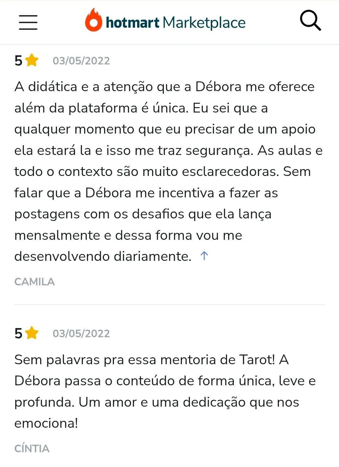 Avaliação de aluno na Hotmart