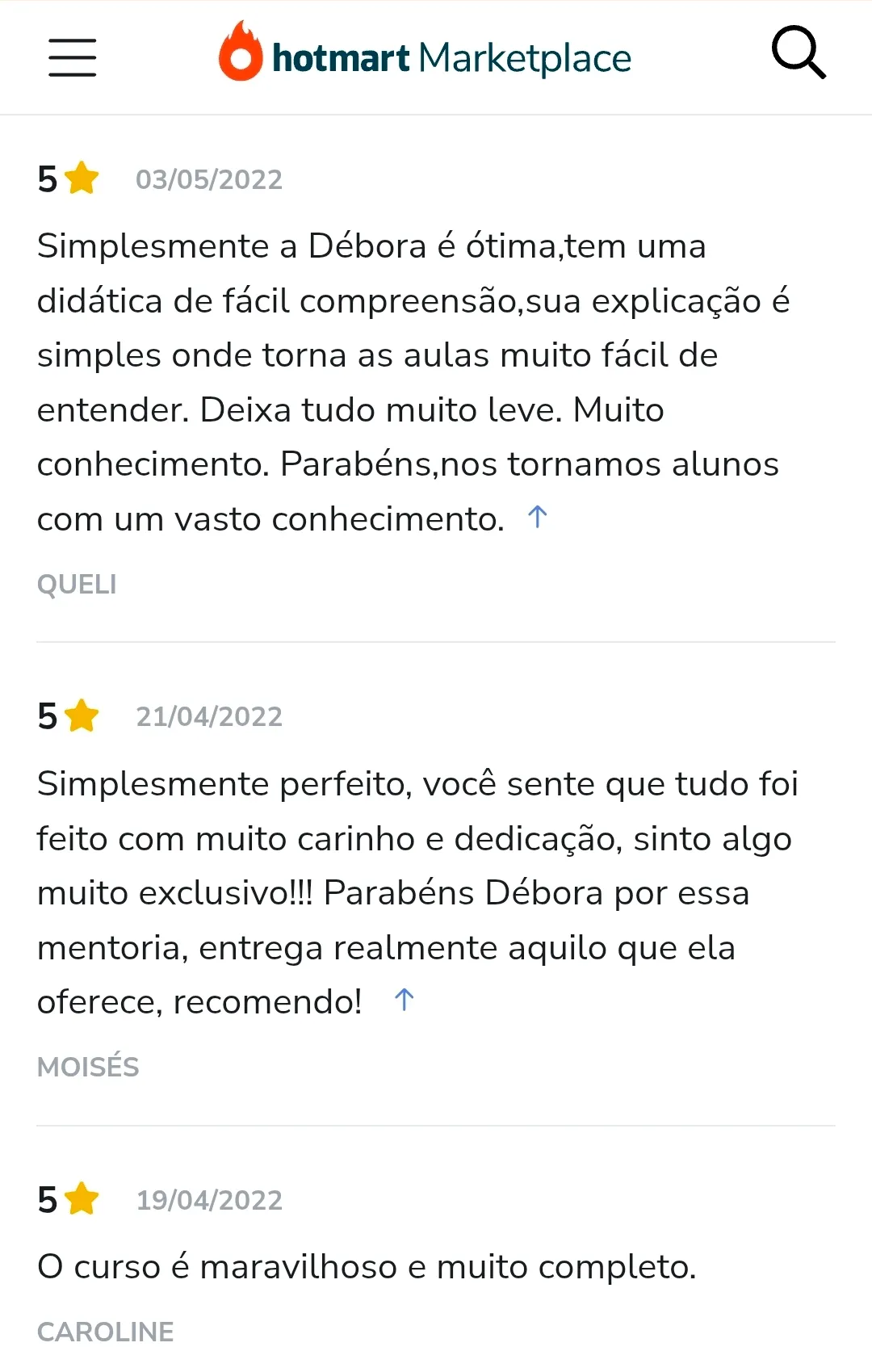 Avaliação de aluno na Hotmart