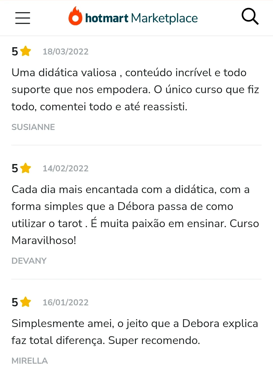 Avaliação de aluno na Hotmart