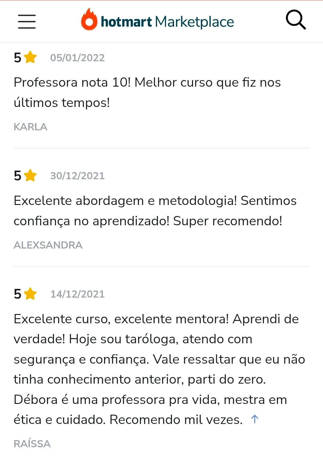 Avaliação de aluno na Hotmart