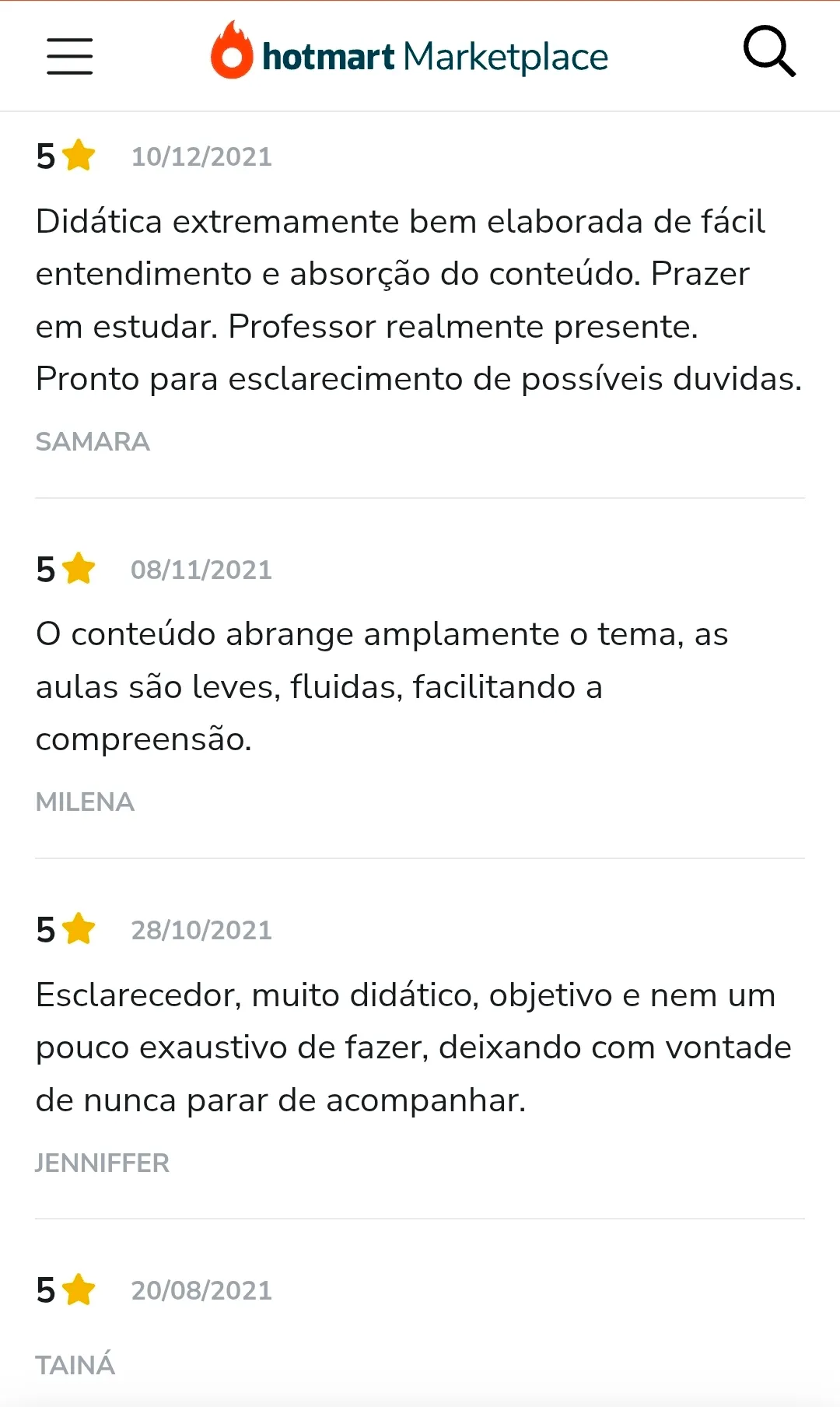 Avaliação de aluno na Hotmart