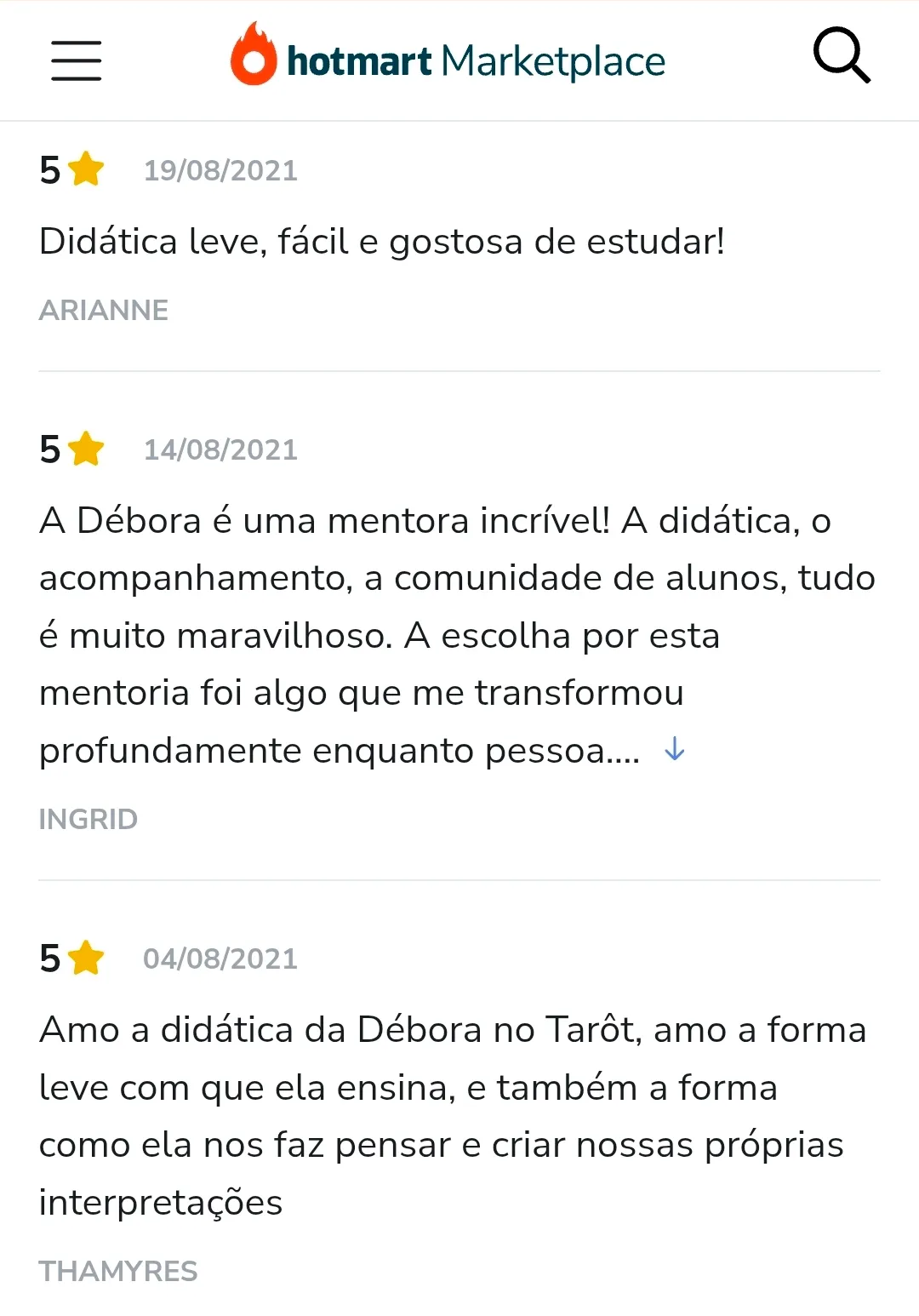 Avaliação de aluno na Hotmart