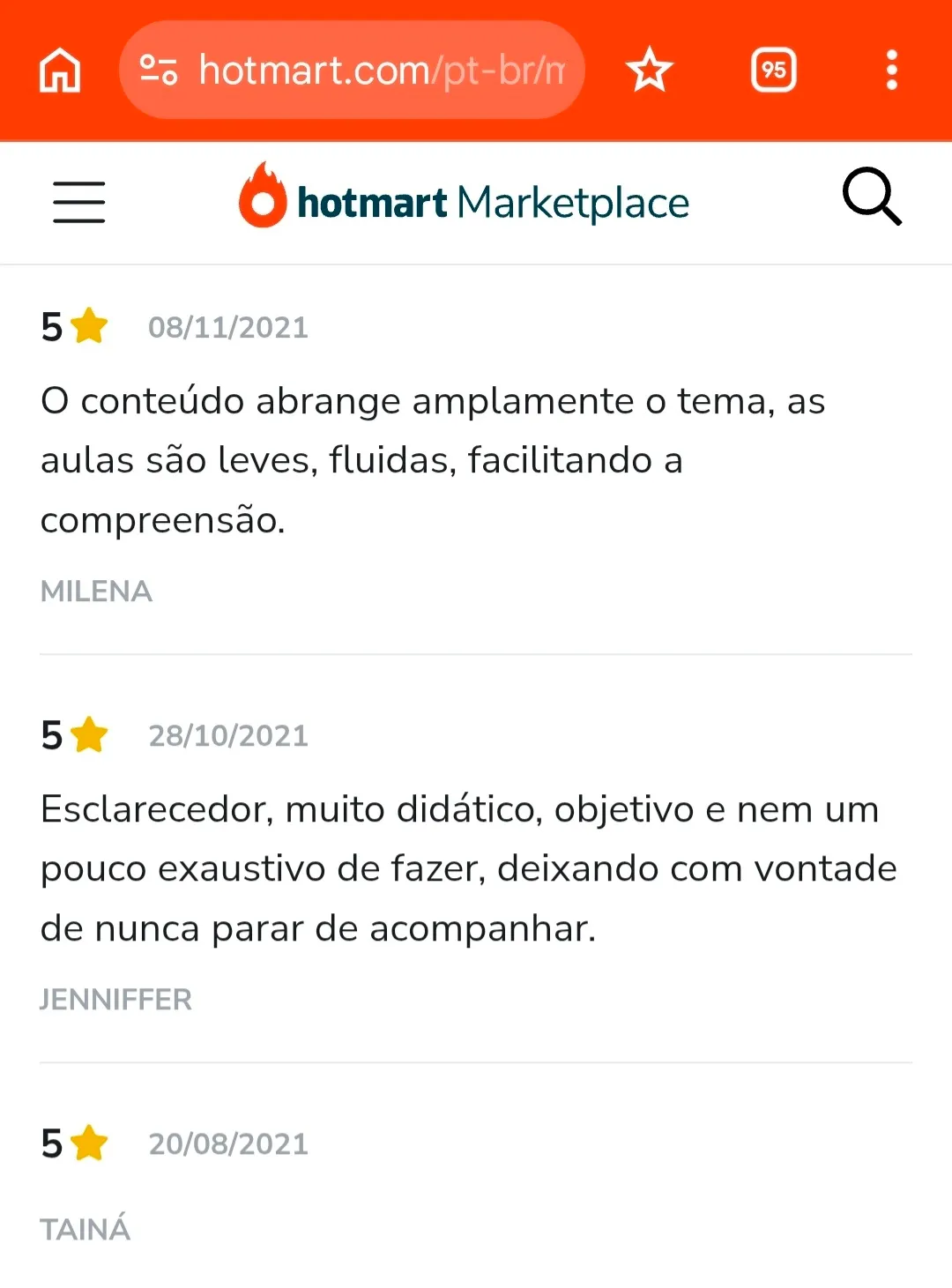 Avaliação de aluno na Hotmart