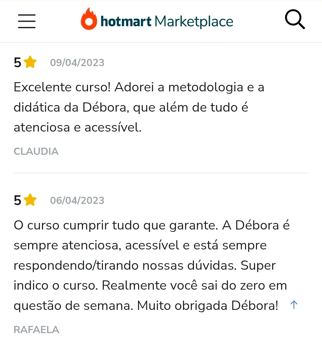 Avaliação de aluno na Hotmart